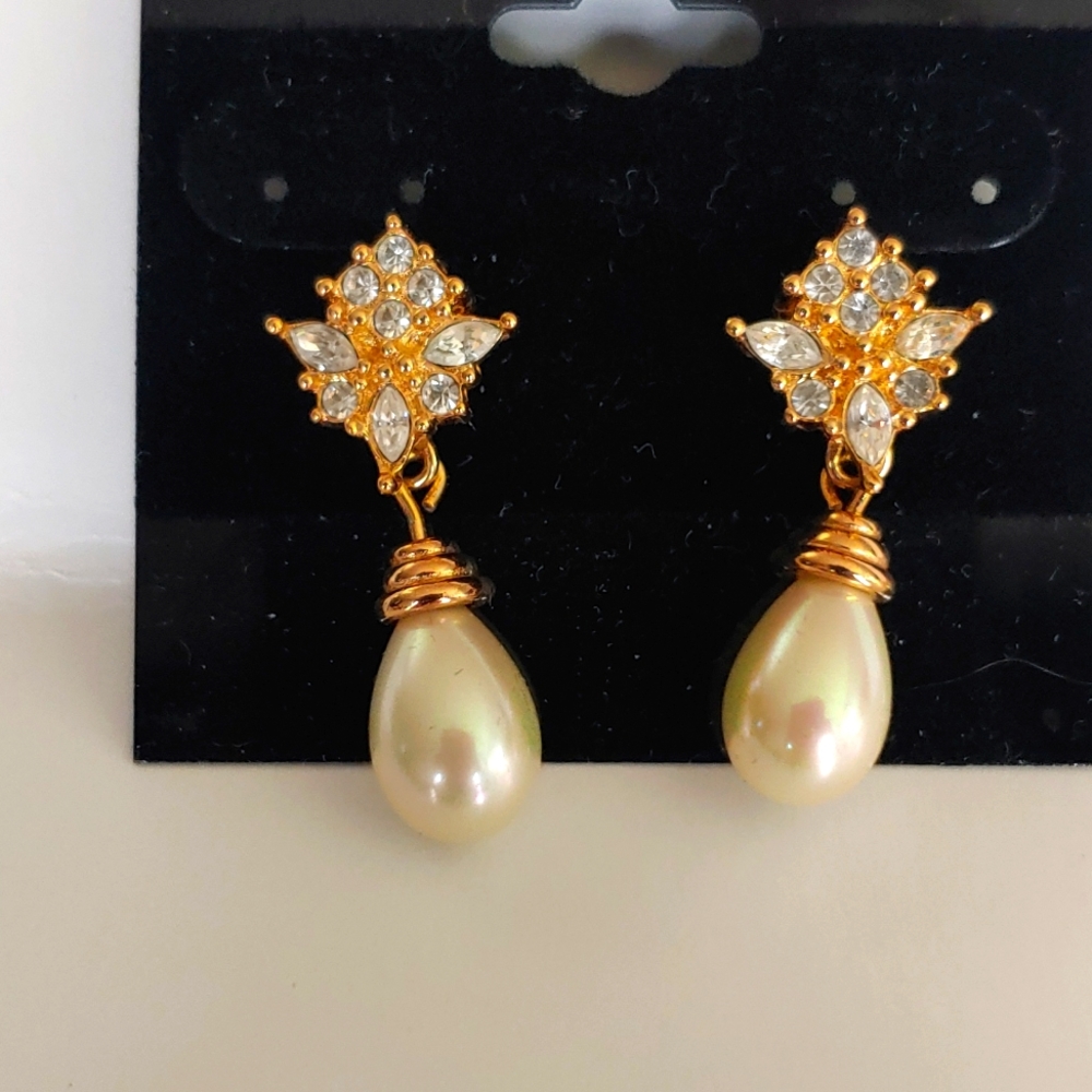 Pearl drop earrings with round and marquise cut rhinestones